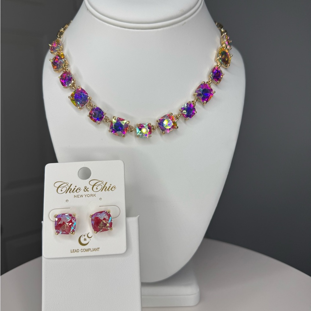 Aurora Borealis Cushion Cut Stones Set in Gold. Earrings Included